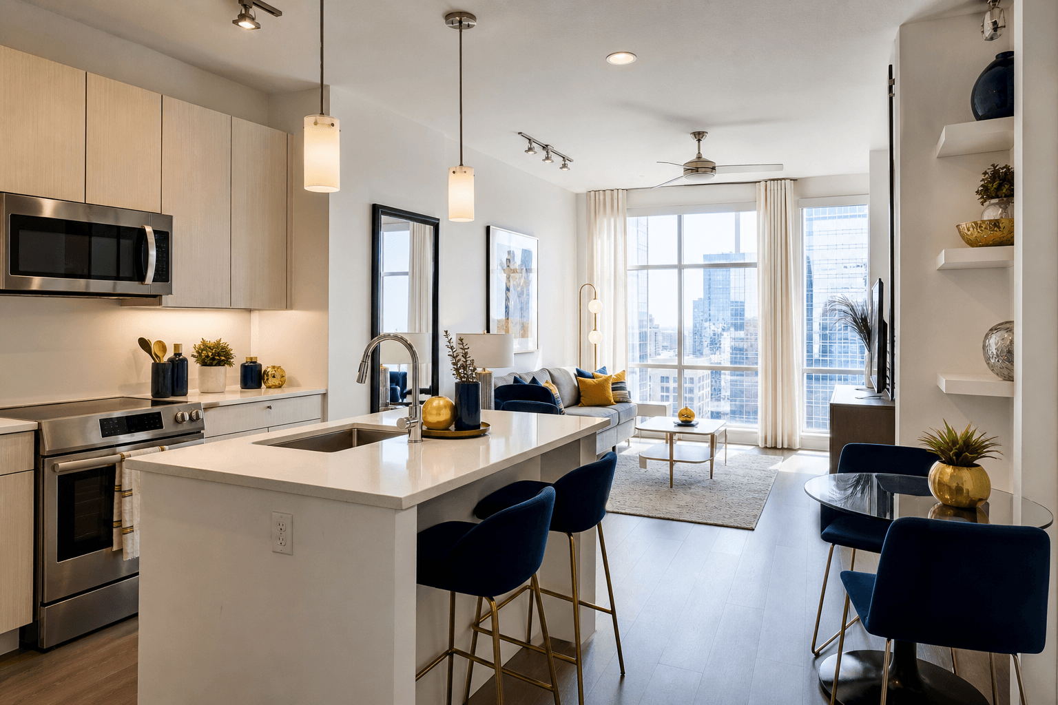 Clean open kitchen and living area in a Houston apartment